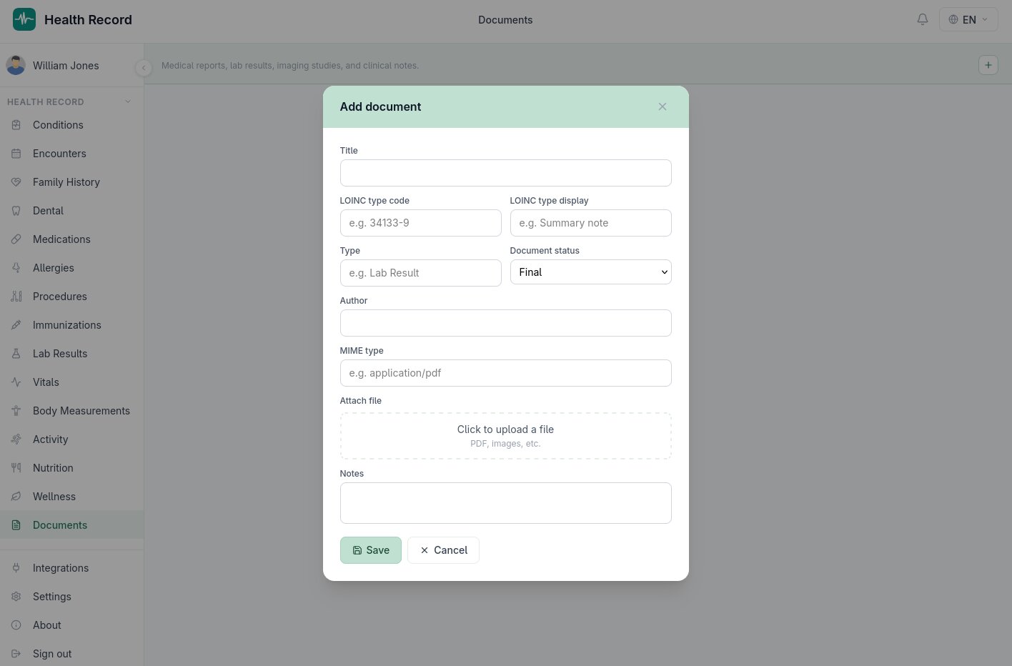 Add document dialog for uploading a clinical file