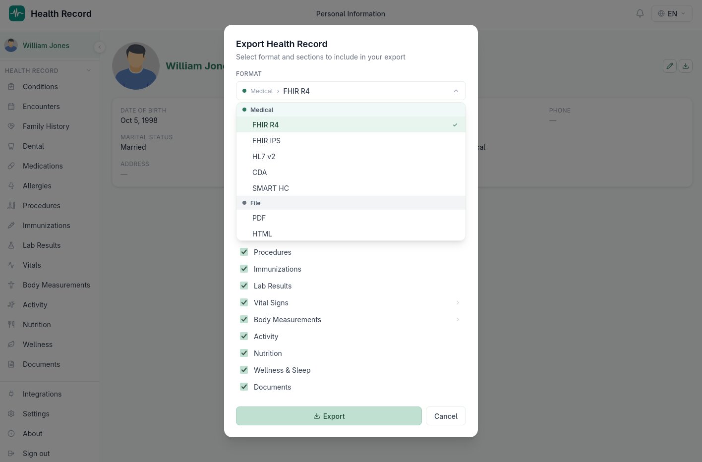 Export Health Record dialog with format and section selection