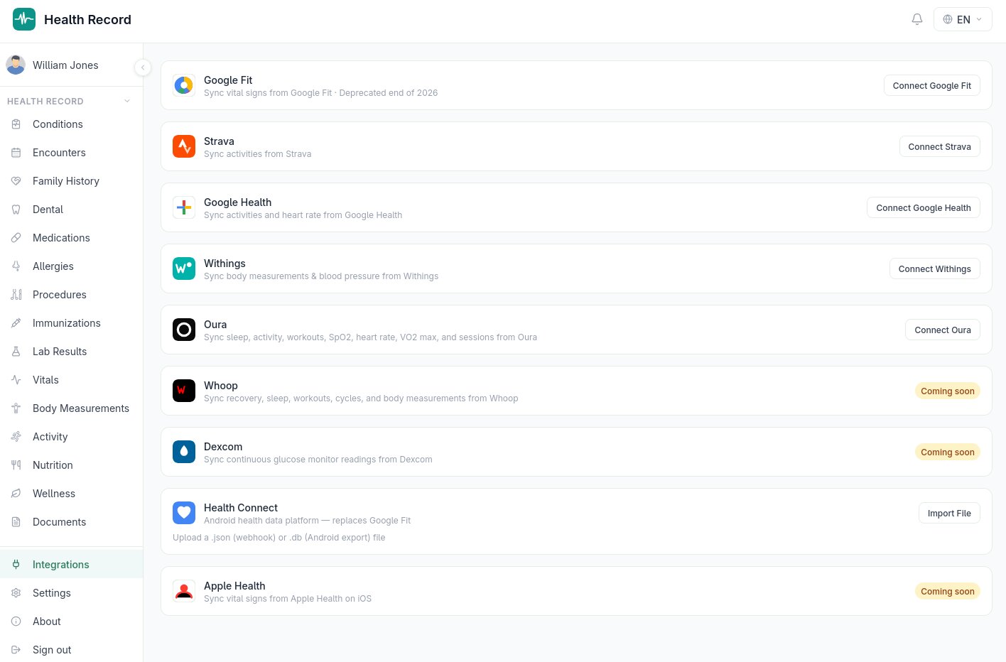 Integrations page listing connected and available wearable providers
