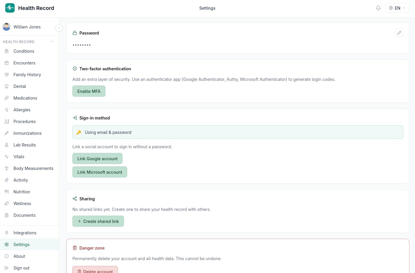 Settings page showing account, preferences, and notification options